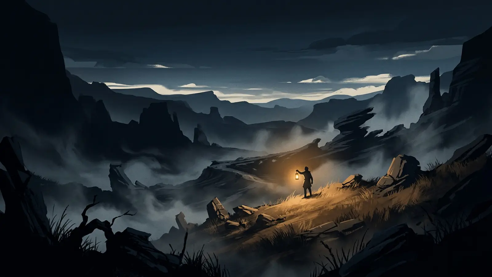 A figure on a dark ridge holding a lantern in low fog